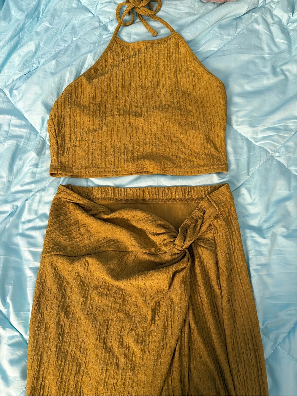 SHEIN Mustard Halter Crop Top & Wrap Skirt Set